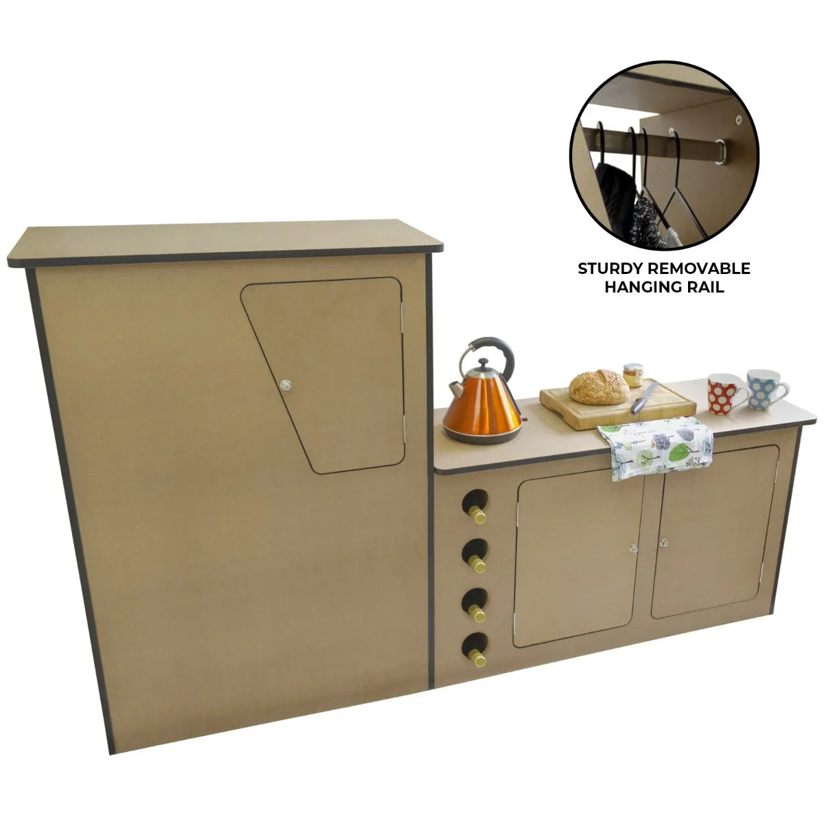MDF camper van kitchen unit in light brown with a removable hanging rail, storage compartments, and stylish knobs for easy access