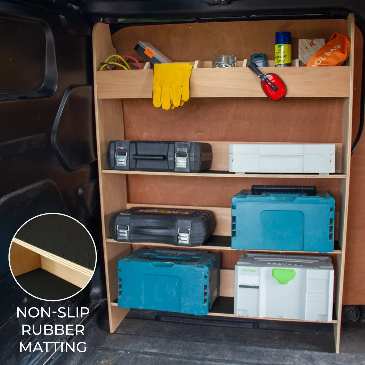 Ford Transit Custom toolbox van racking with wooden shelves, non-slip rubber matting, and various toolboxes organized for easy access