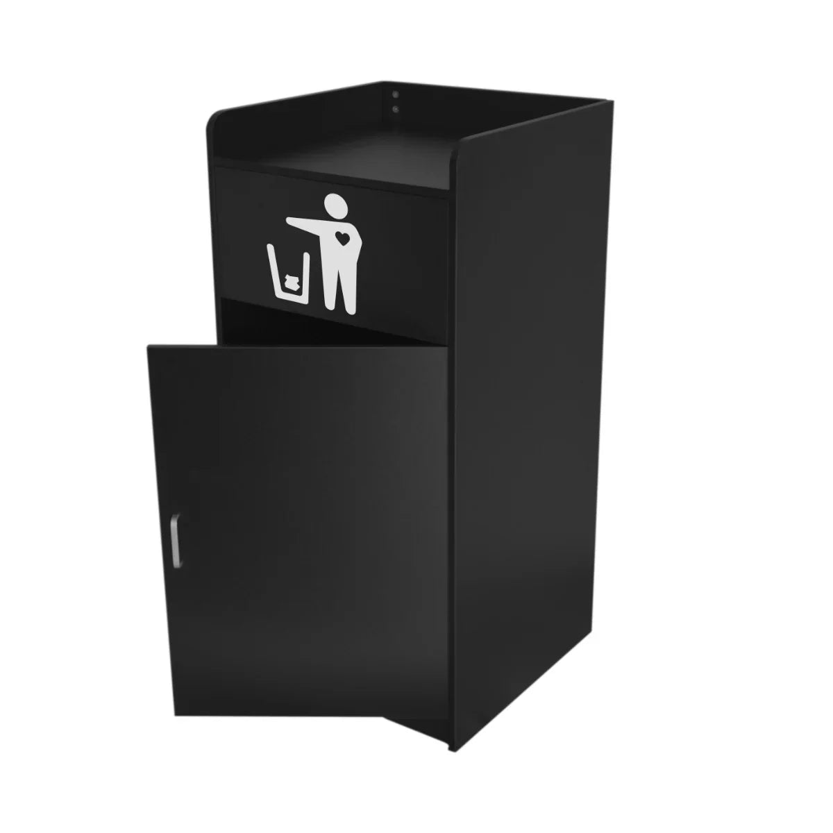 Sleek black wooden litter bin with a pull-out tray, featuring a minimalist design and a white recycling symbol on the front