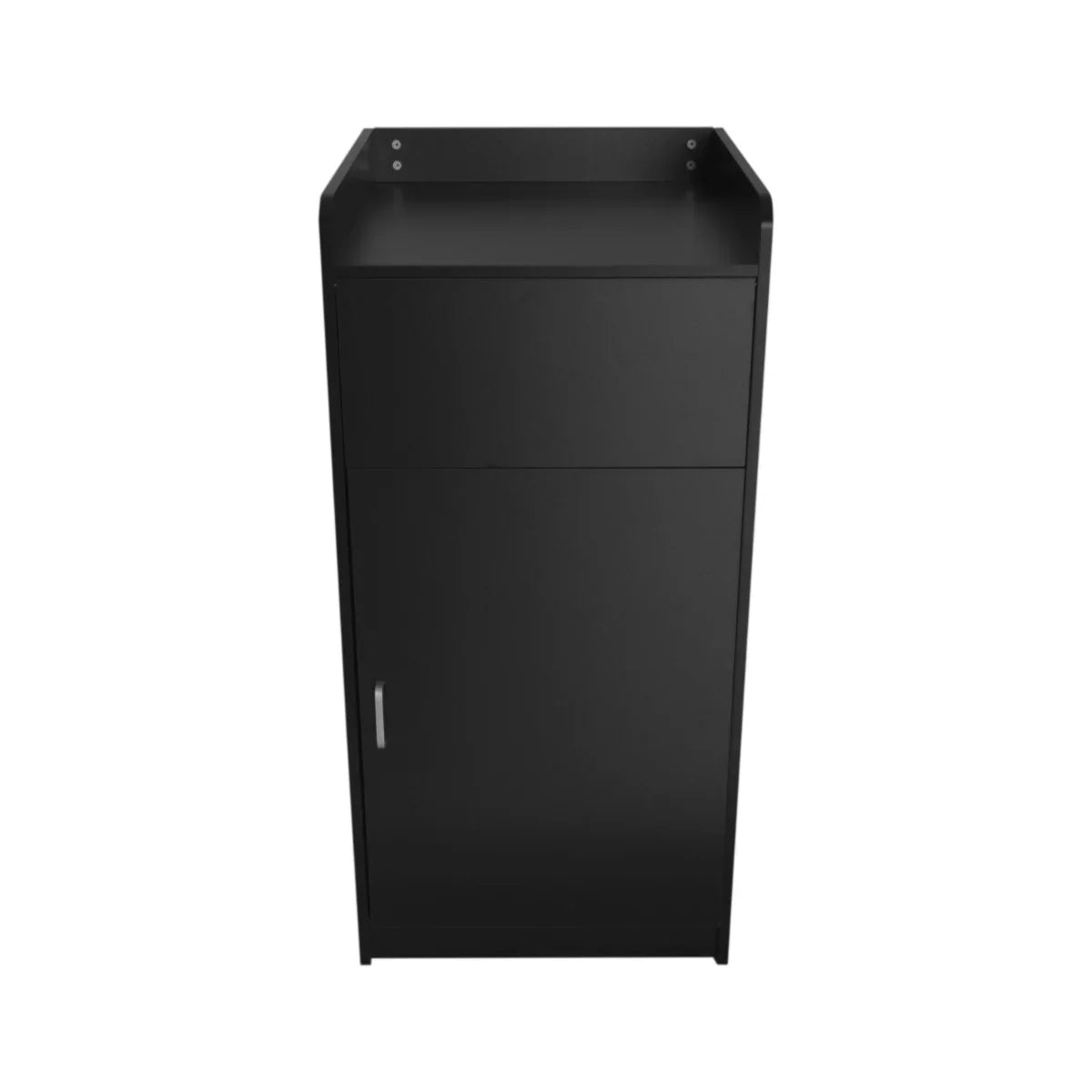 Sleek black wooden litter bin and tray stand with a smooth finish, featuring a top shelf and a concealed storage compartment