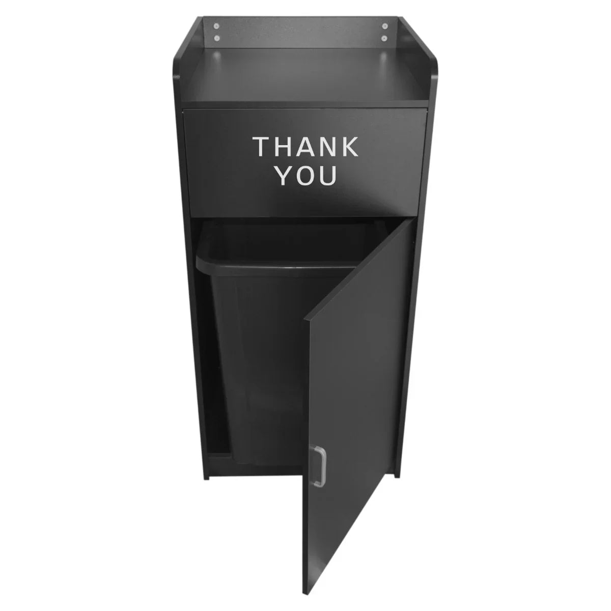 Sleek black wooden litter bin with a removable tray stand, featuring a "THANK YOU" message and a spacious interior for waste disposal