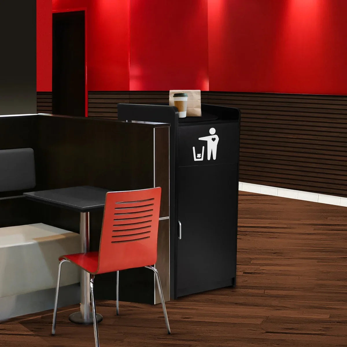 Sleek black wooden litter bin and tray stand with a modern design, featuring a trash icon, set against a vibrant red wall