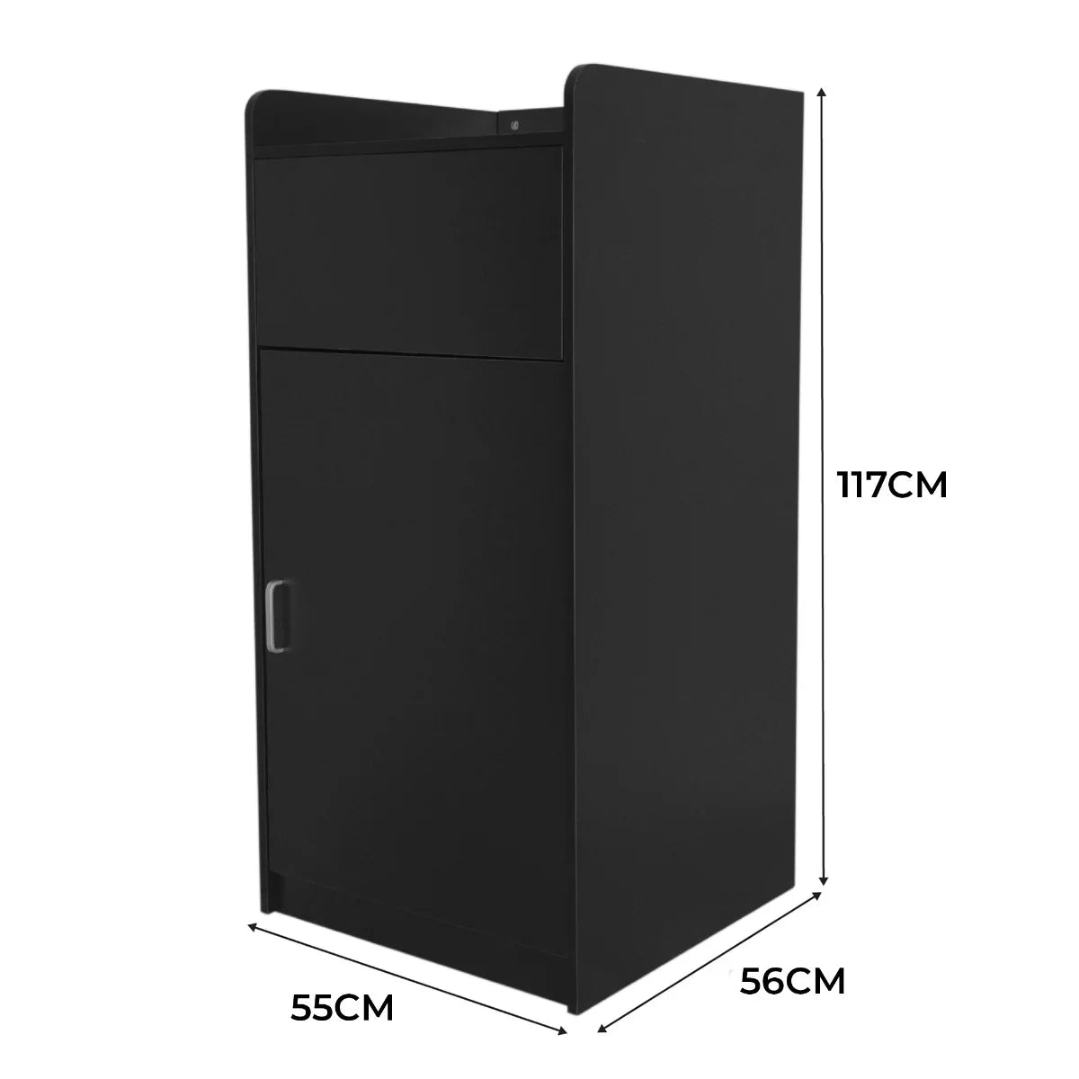 Sleek black wooden litter bin and tray stand with a minimalist design, featuring a top drawer and side door for easy access