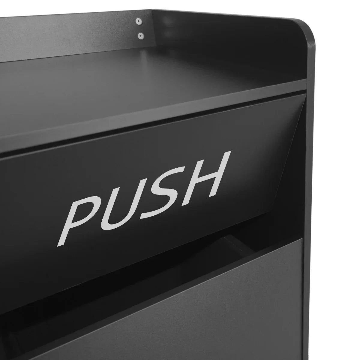 Sleek black wooden litter bin with a push-top lid, featuring a smooth finish and modern design for easy waste disposal