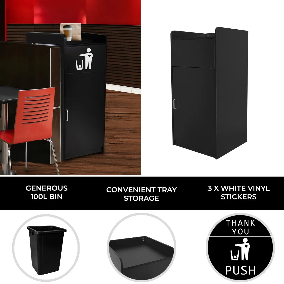 Sleek black wooden litter bin with a 100L capacity, featuring a tray stand for storage and three white vinyl stickers for easy use