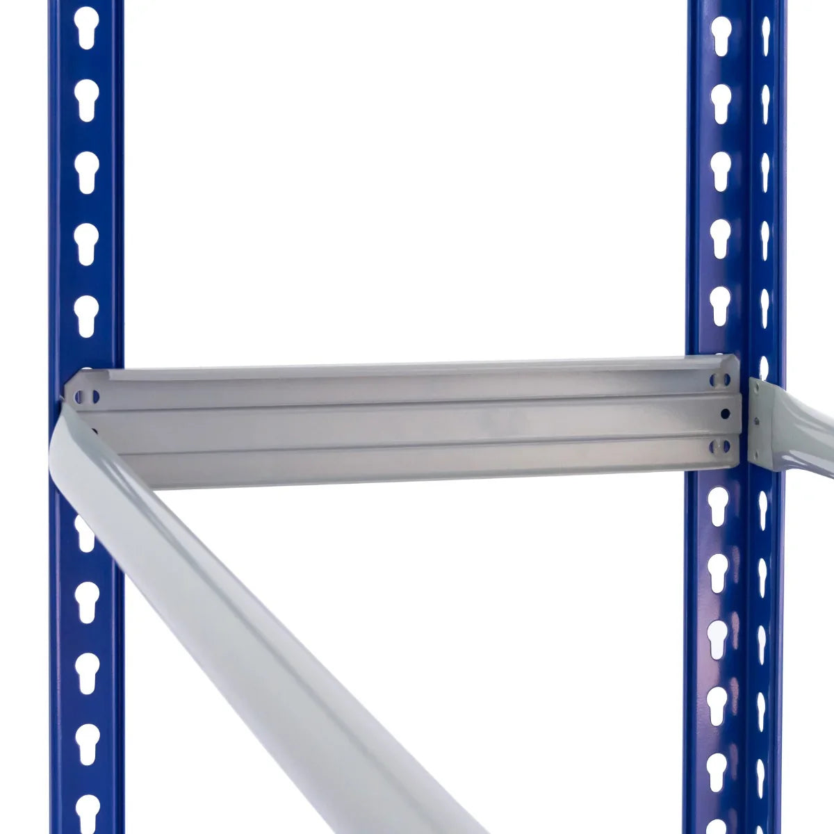 T-Rax Tyre Racking Bay with blue metal frame and silver support beams, designed for efficient tire storage and organization