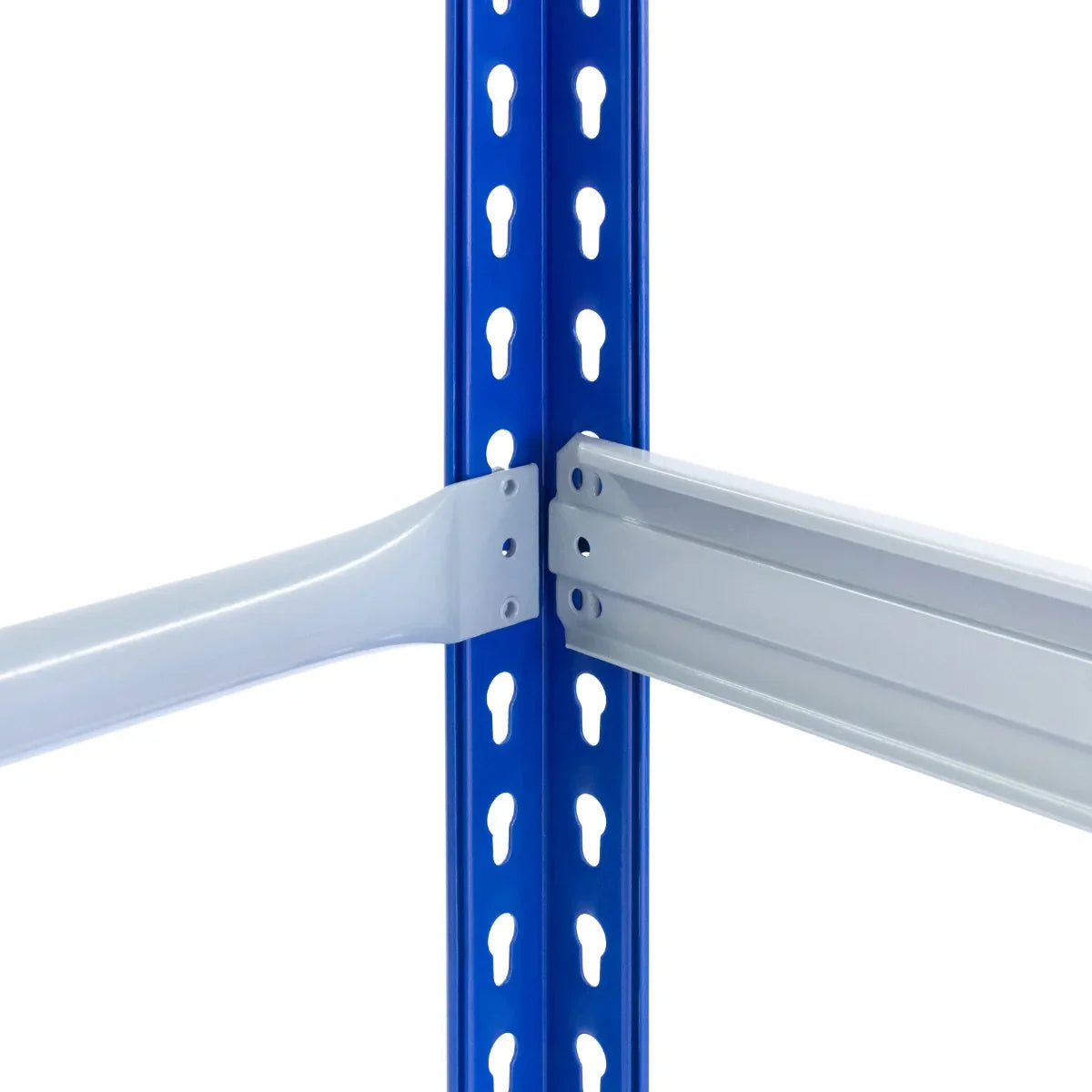 T-Rax Tyre Racking Bay corner connection showcasing sturdy blue metal frame and silver support beams for tire storage solutions