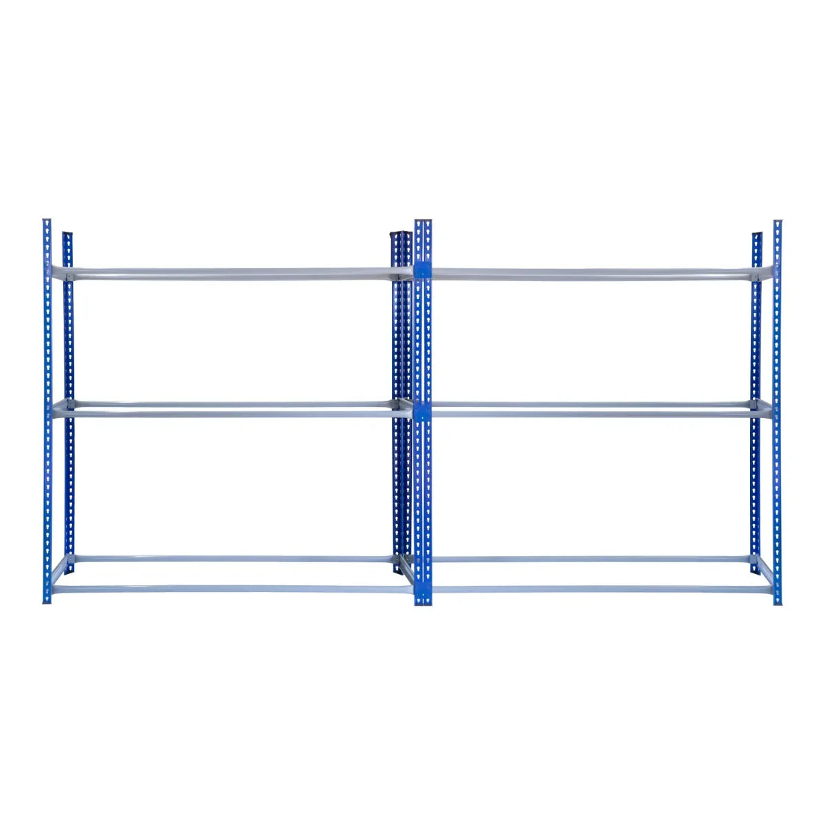 Sturdy blue metal tyre racking bay with four adjustable shelves, designed for efficient storage of tyres in garages or workshops