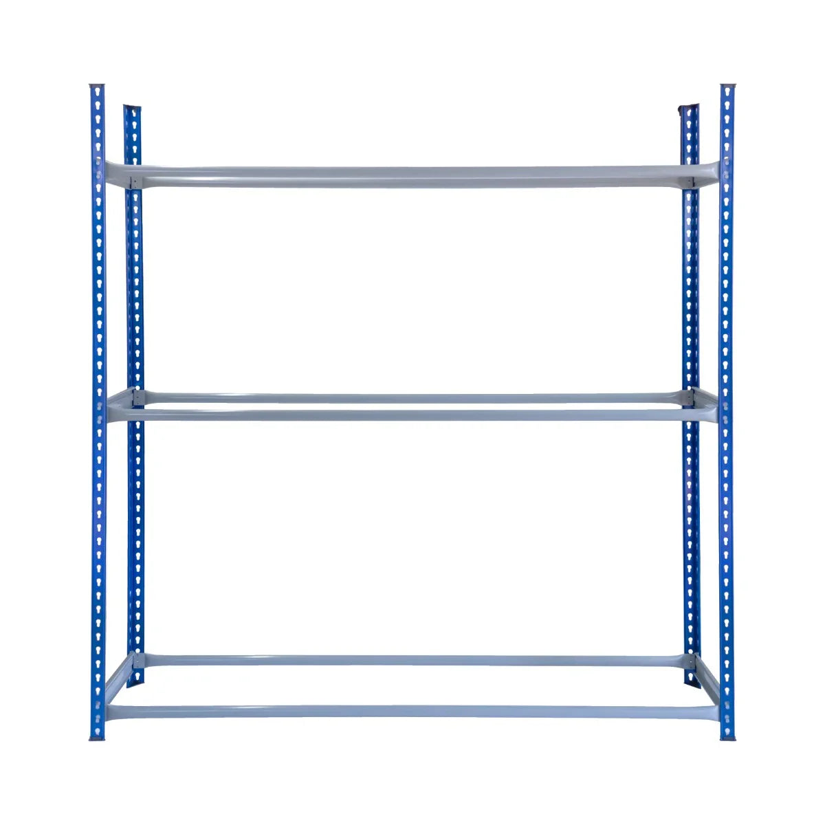 T-Rax Tyre Racking Bay features sturdy blue metal frame with three adjustable shelves, ideal for organized tyre storage in garages or workshops