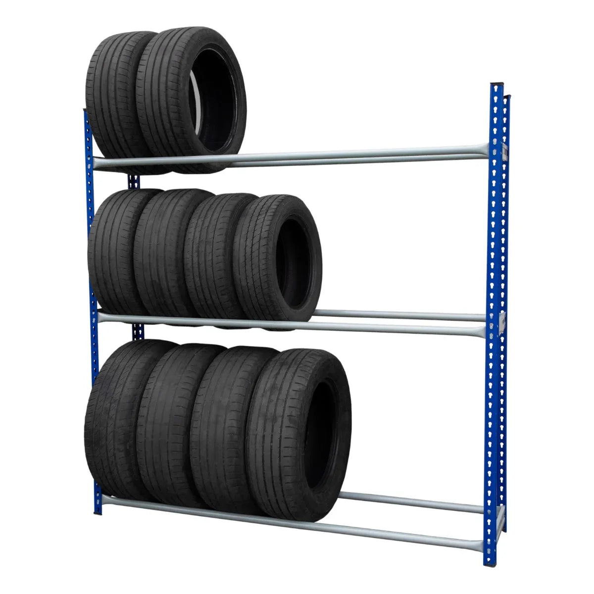 Sturdy blue T-Rax tyre racking bay with three shelves, holding six black tyres, ideal for organized storage and easy access