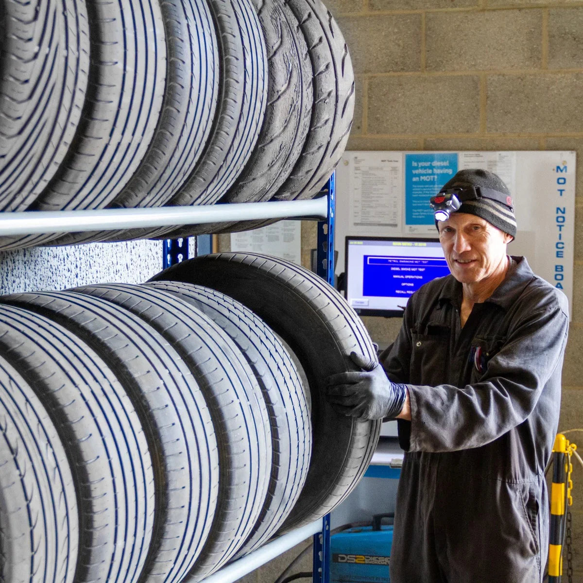 T-Rax Tyre Racking Bay displaying neatly organized tyres; a worker in gloves holds a tyre, showcasing durability and efficiency in storage