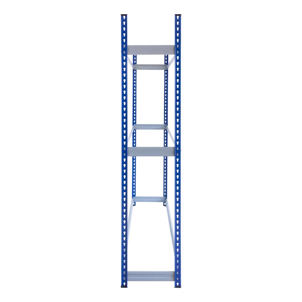 Tall blue metal tyre racking bay with four adjustable shelves, designed for efficient storage of tyres in garages or workshops