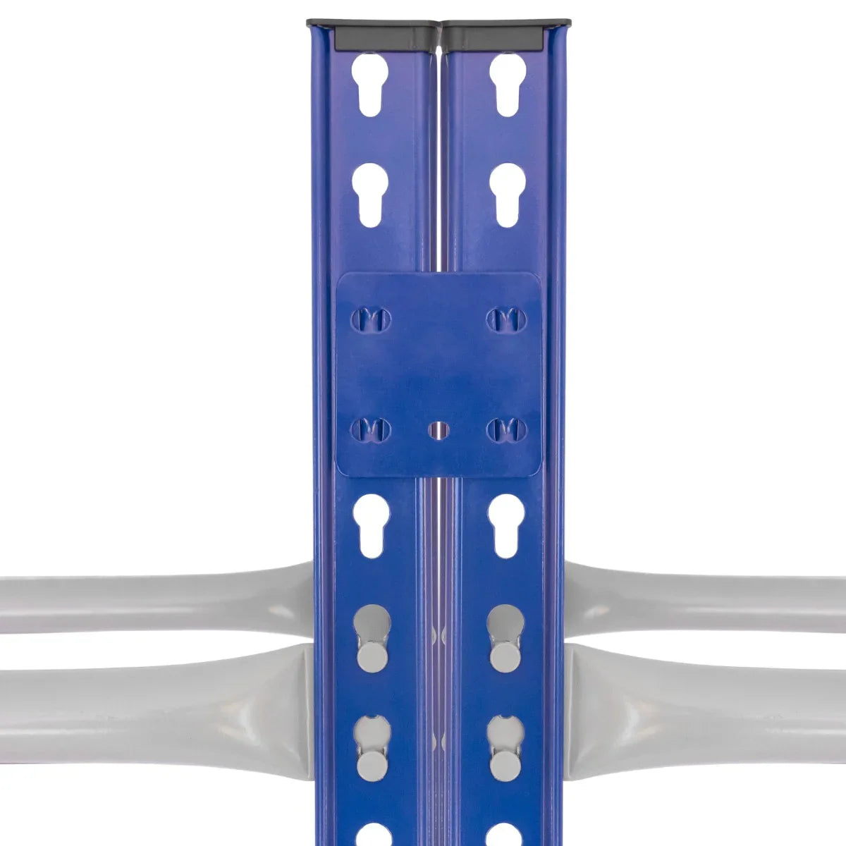 Blue metal frame of the T-Rax Tyre Racking Bay showing multiple holes for adjustable shelving, designed for efficient tyre storage