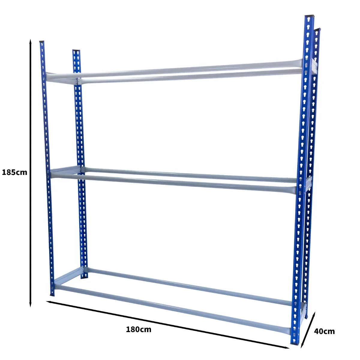T-Rax Tyre Racking Bay in blue and grey, featuring three sturdy shelves, measuring 185cm high and 180cm wide, ideal for tire storage