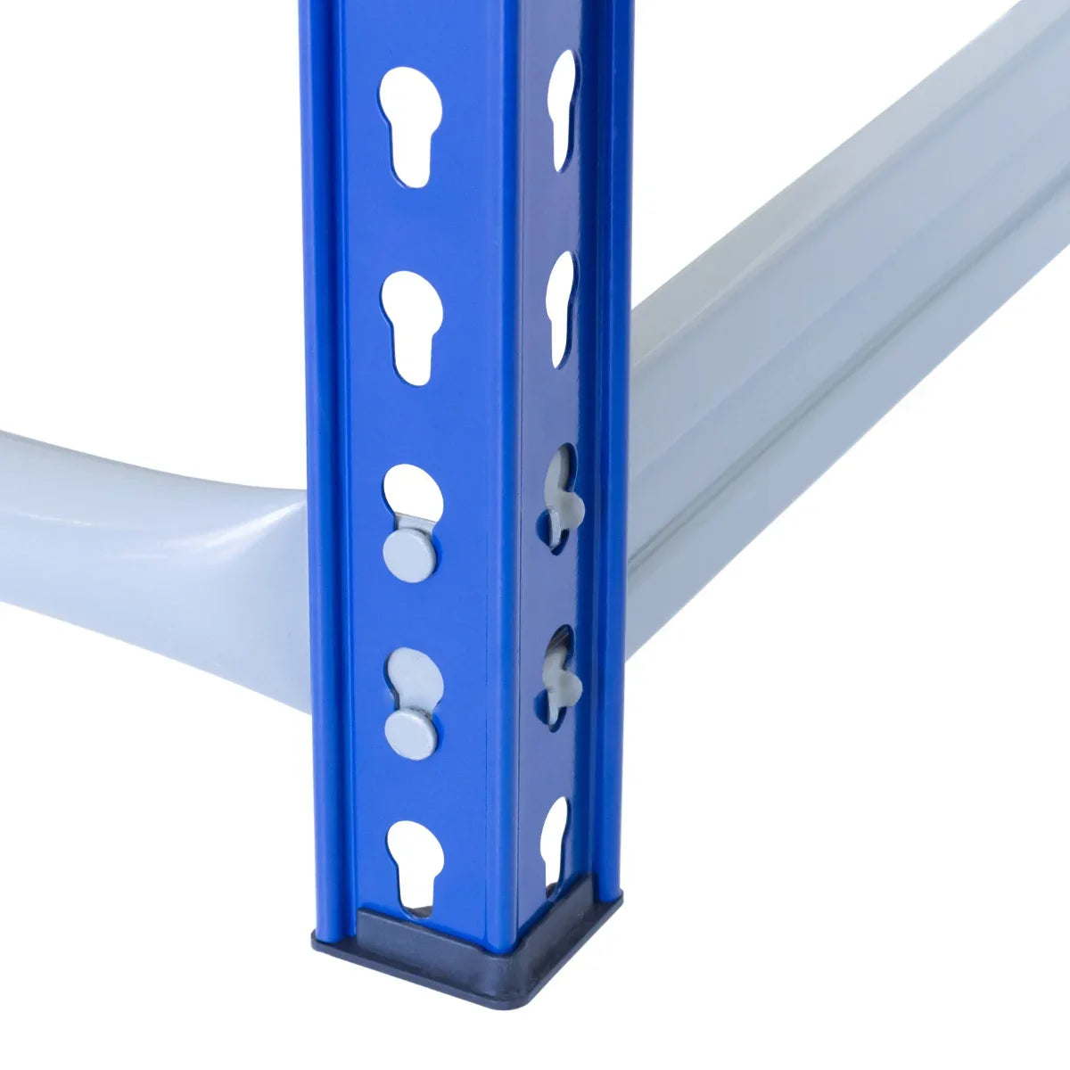 Blue metal frame of T-Rax Tyre Racking Bay showcasing sturdy vertical support with keyhole slots for adjustable shelving