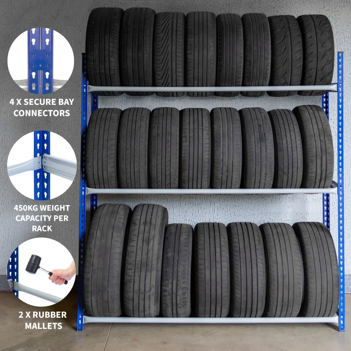 Heavy-duty T-Rax tyre racking bay in blue, holding multiple black tyres, featuring secure connectors and rubber mallets for assembly