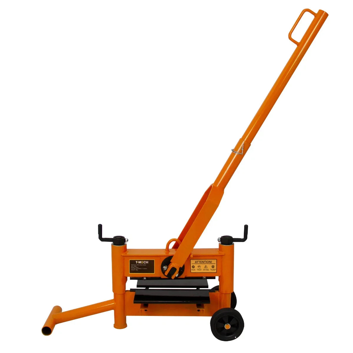 T-Mech 330mm Block Splitter in bright orange, featuring a sturdy frame, long handle, and wheels for easy mobility and use