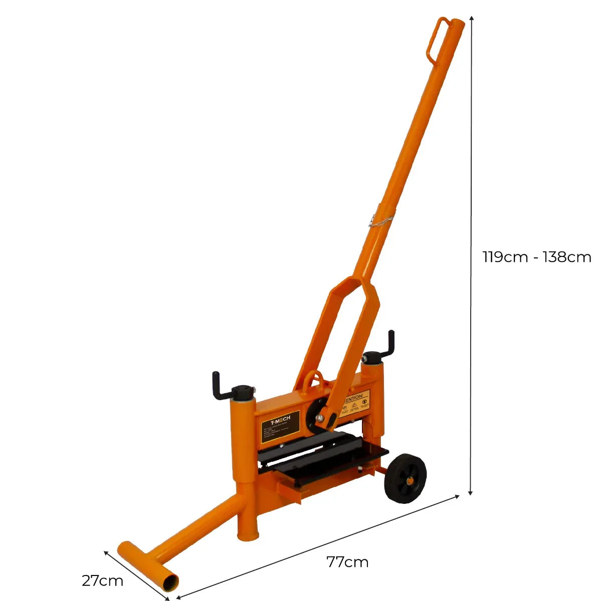 T-Mech 330mm Block Splitter in bright orange, featuring a sturdy metal frame, long handle, and wheels for easy mobility