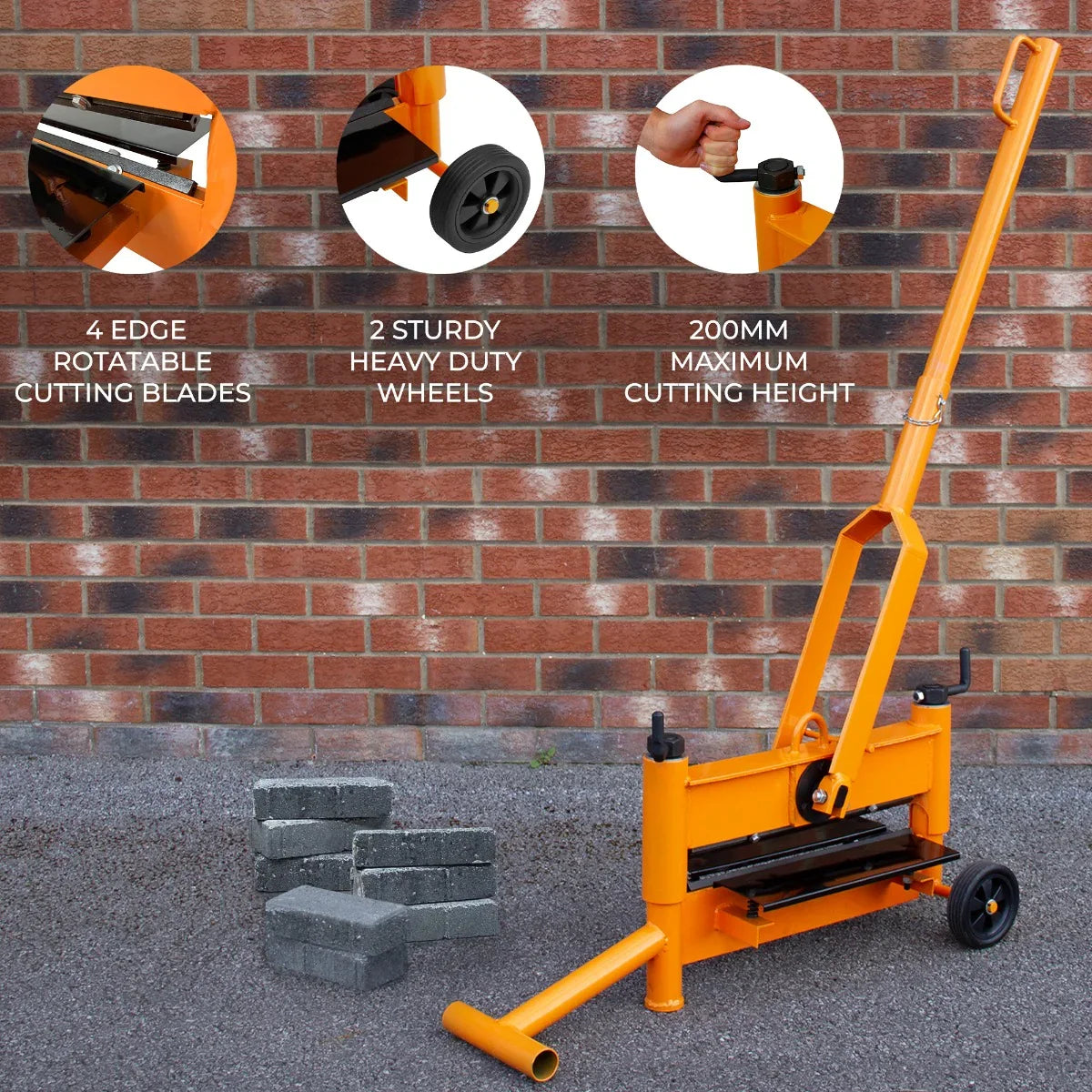 T-Mech 330mm Block Splitter in bright orange, featuring sturdy wheels, a long handle, and four rotatable cutting blades against a brick wall