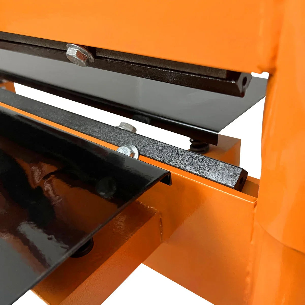 Close-up of the T-Mech 430mm Block Splitter showing the sharp black splitting blade and sturdy orange frame with bolts and support bars