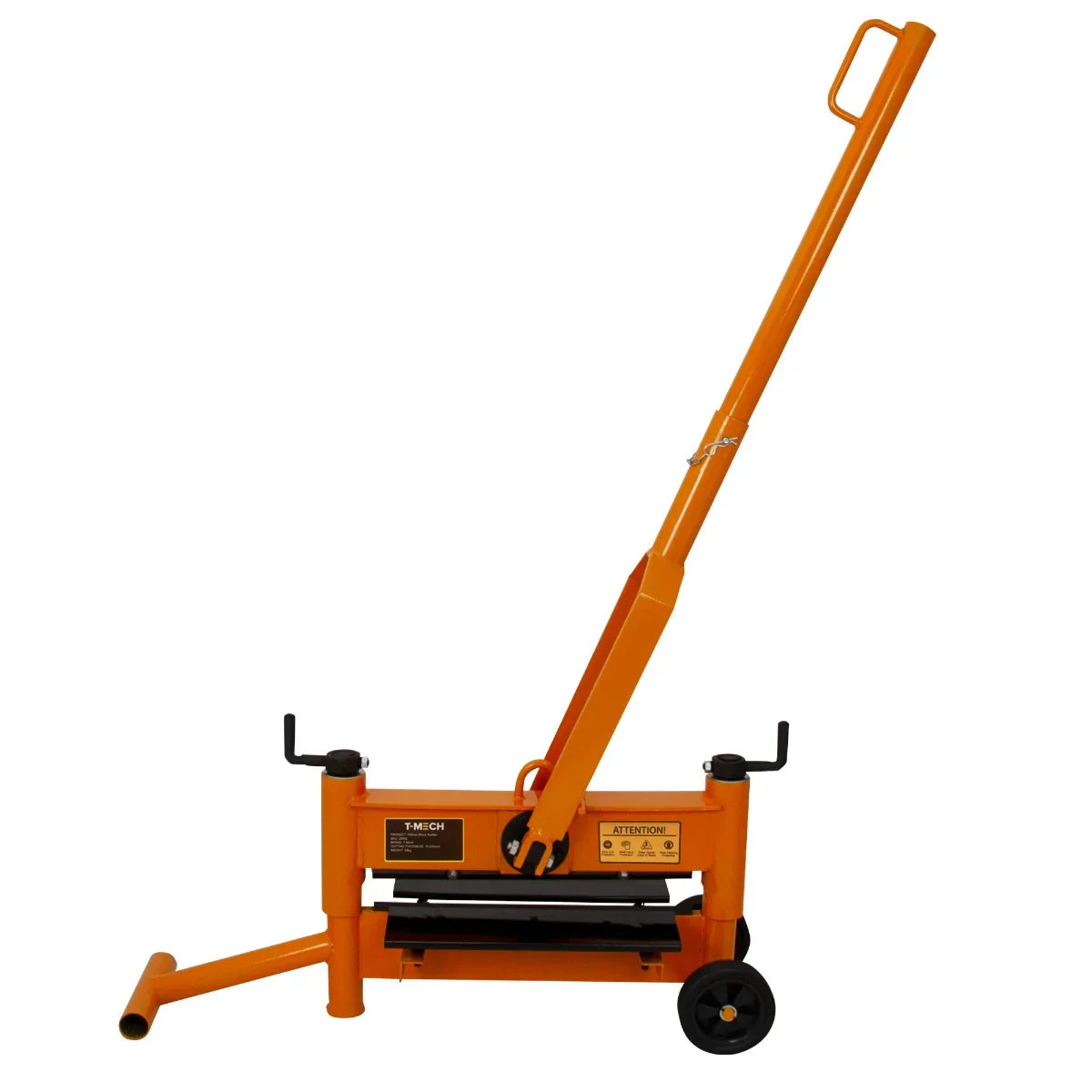 T-Mech 430mm block splitter in bright orange, featuring a sturdy handle, wheels for mobility, and a robust cutting platform for efficient block cutting