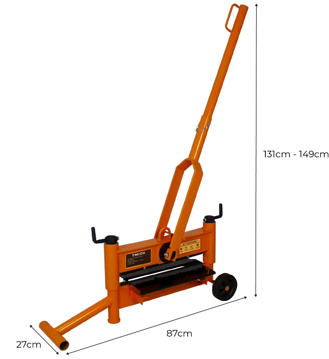 T-Mech 430mm Block Splitter in bright orange, featuring a sturdy metal frame, long handle, and wheels for easy mobility