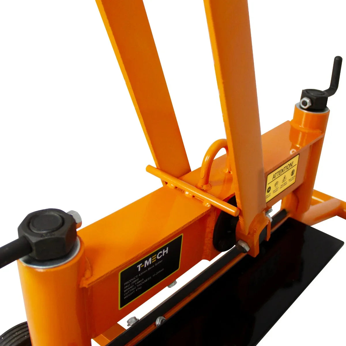 T-Mech 430mm block splitter with bright orange frame, sturdy metal construction, and adjustable handle for easy operation
