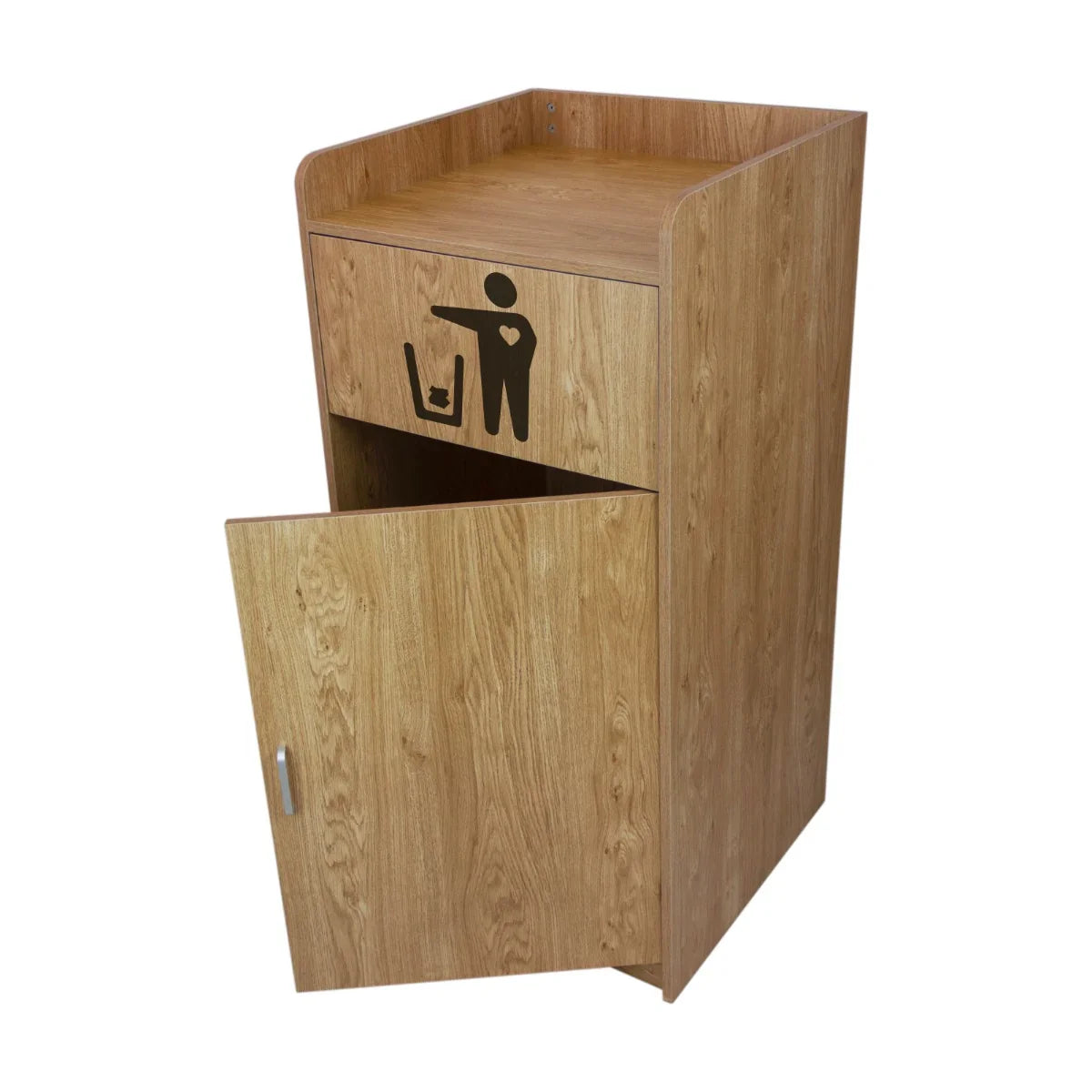 Light oak wooden litter bin and tray stand with a smooth finish, featuring a front door and a graphic for waste disposal guidance