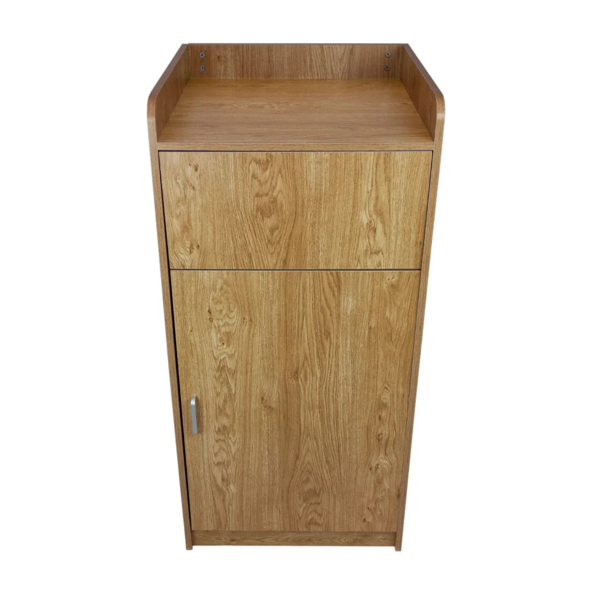 Light oak wooden litter bin and tray stand with a sleek design, featuring a smooth surface, one drawer, and a spacious compartment