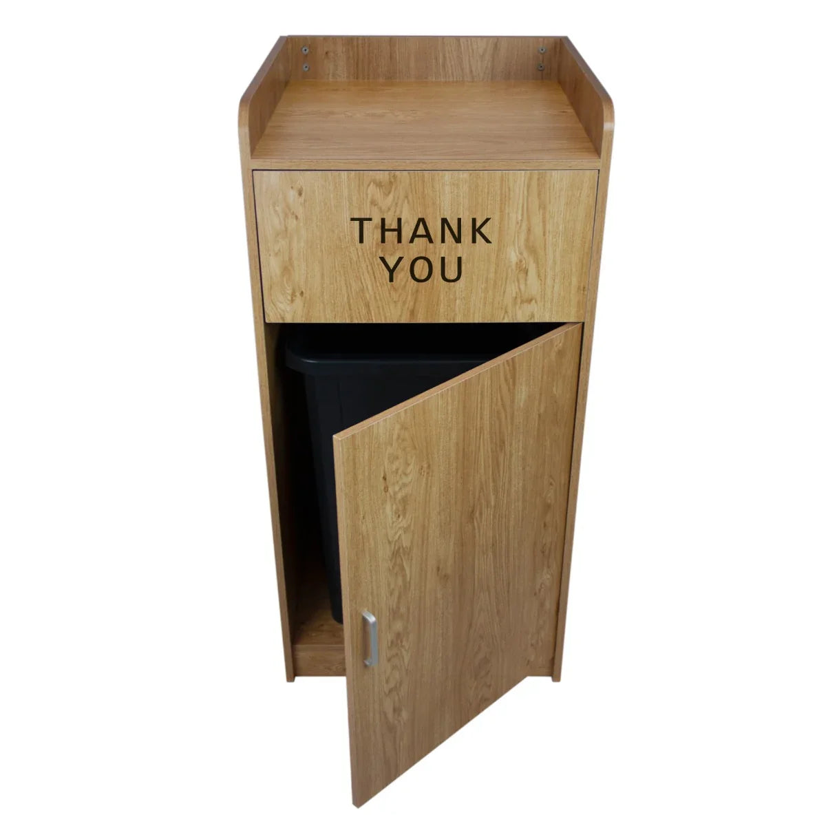 Light oak wooden litter bin and tray stand with a thank you message, featuring a sleek design and a black bin inside