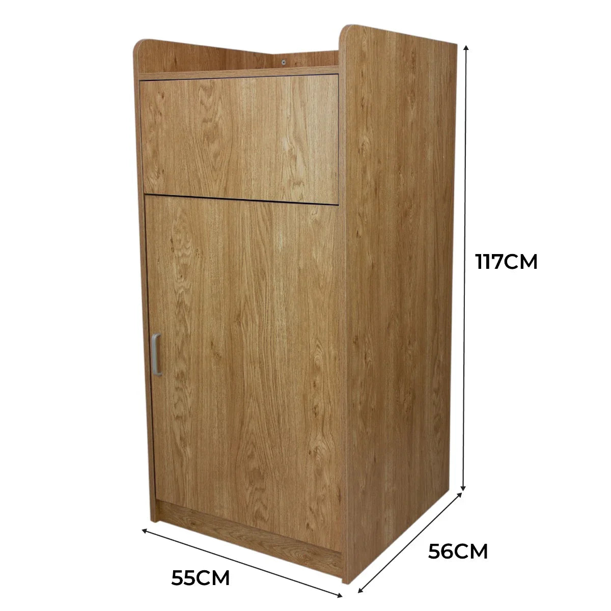 Light oak wooden litter bin and tray stand with a sleek design, featuring a smooth surface and a spacious top compartment for storage