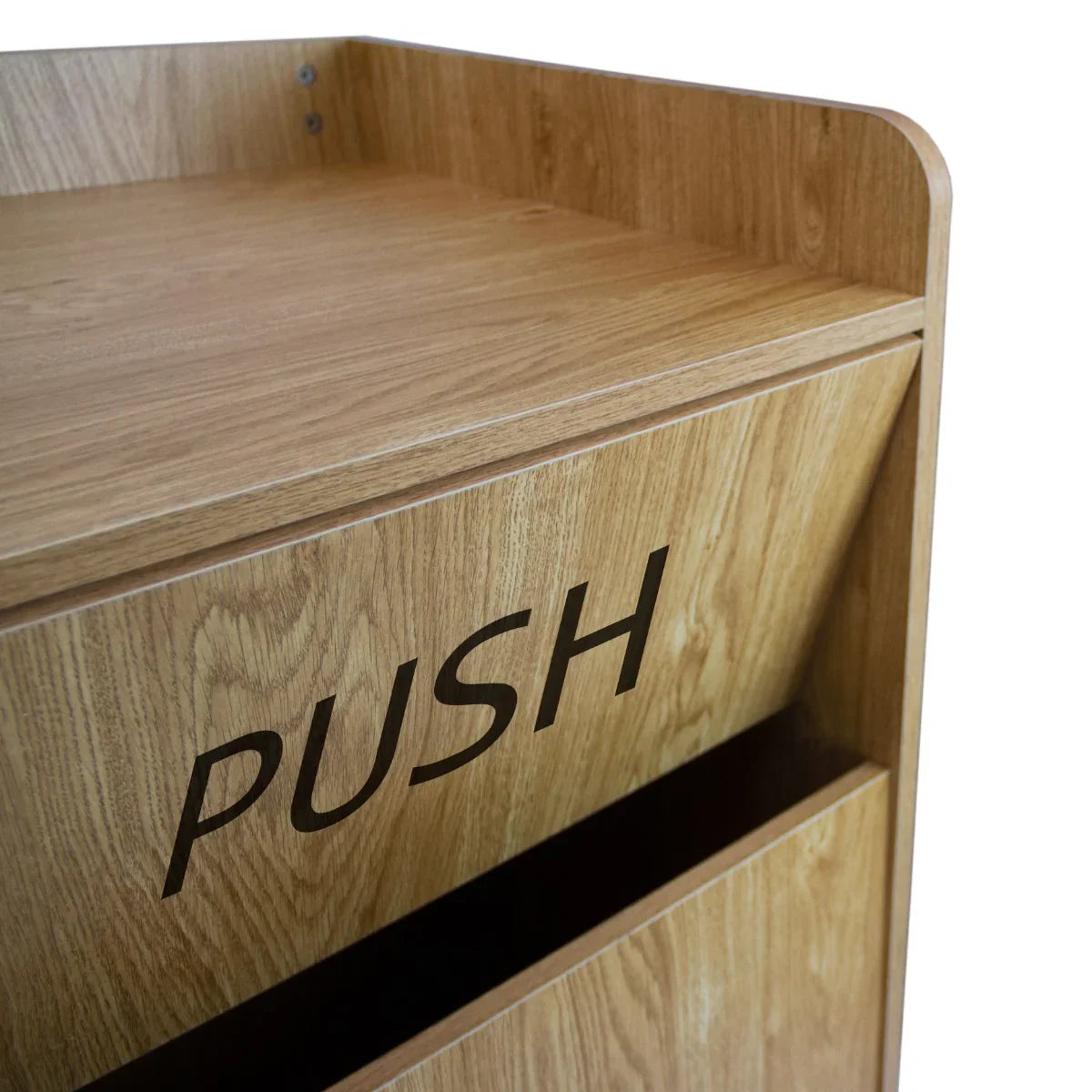 Light oak wooden litter bin and tray stand with a smooth finish, featuring a "PUSH" label on the front for easy access