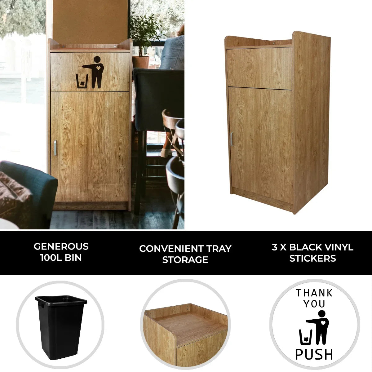 Light oak wooden litter bin with a spacious 100L capacity, featuring a convenient tray stand and sleek black vinyl stickers