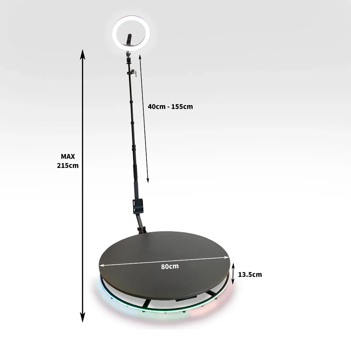 360 Photo Booth with an 80cm circular platform, adjustable height, and colorful LED lights for dynamic photo experiences