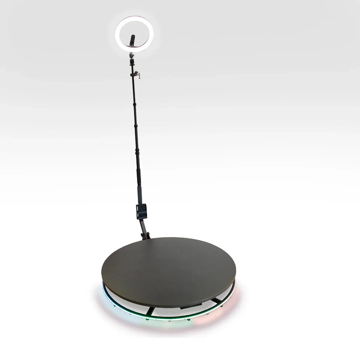 360 Photo Booth with an 80cm rotating platform, sleek black finish, adjustable lighting ring, and colorful LED base for dynamic displays
