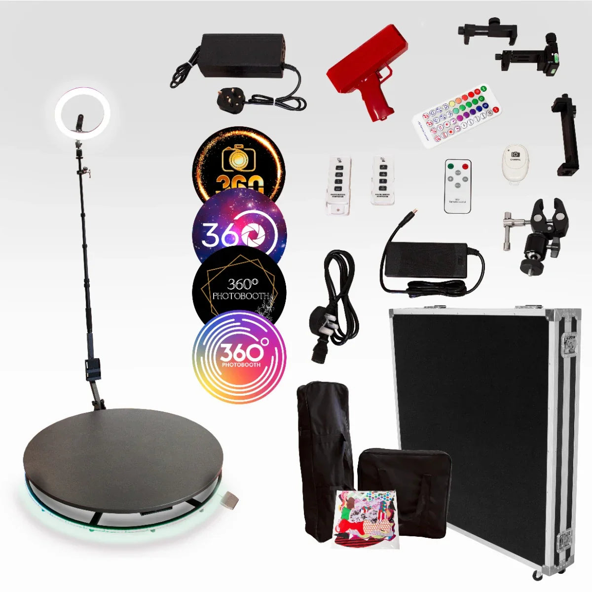 360 Photo Booth - 80cm with rotating platform, ring light, remote controls, and accessories in a compact carrying case