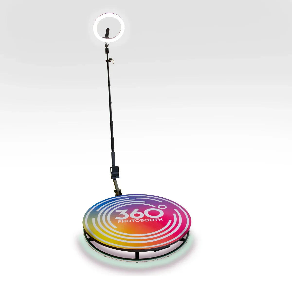 Colorful 360 Photo Booth with a circular platform, adjustable stand, and ring light, perfect for capturing dynamic photos at events