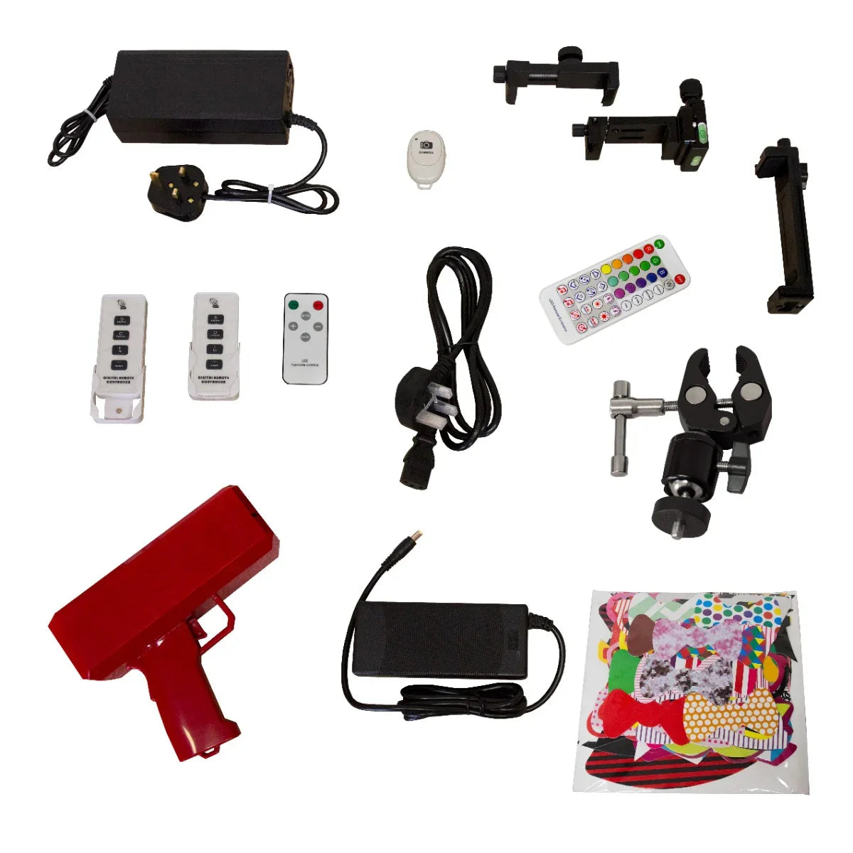 360 Photo Booth 80cm accessories including remote controls, power supply, clamps, and colorful backdrop sheets arranged neatly