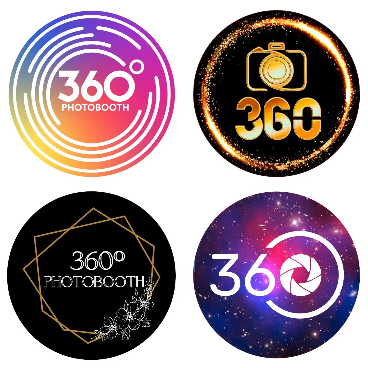 Colorful logos for the 360 Photo Booth, featuring vibrant designs in circular shapes with photography themes and modern graphics
