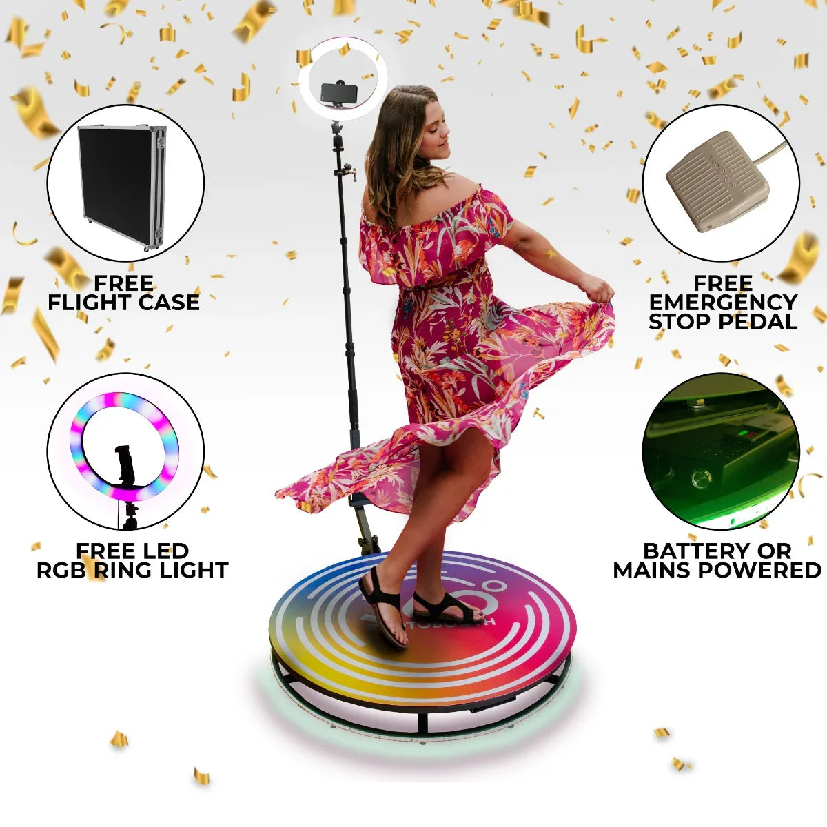 360 Photo Booth with colorful LED base, featuring a woman in a floral dress, free flight case, RGB ring light, and emergency stop pedal