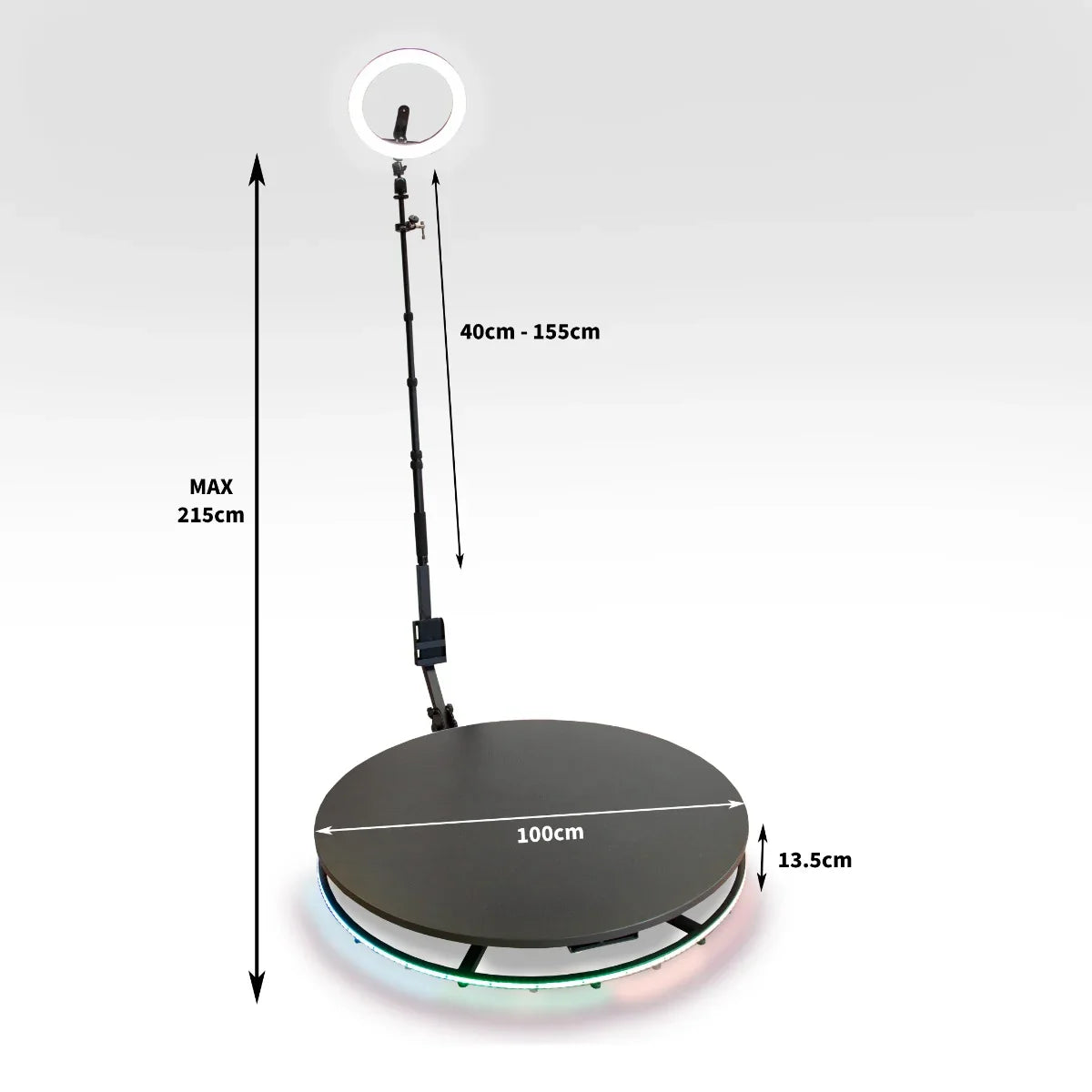 360 Photo Booth with a 100cm circular platform, adjustable height, colorful LED lights, and a ring light for enhanced photo quality