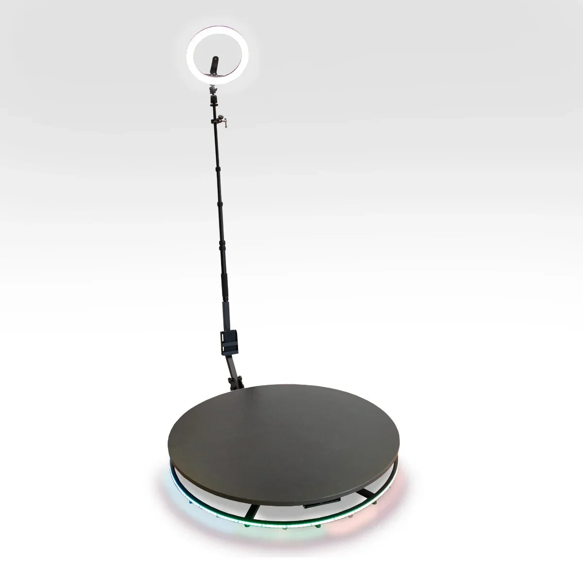 360 Photo Booth with a 100cm circular platform, adjustable height, colorful LED lights, and a ring light for enhanced photography