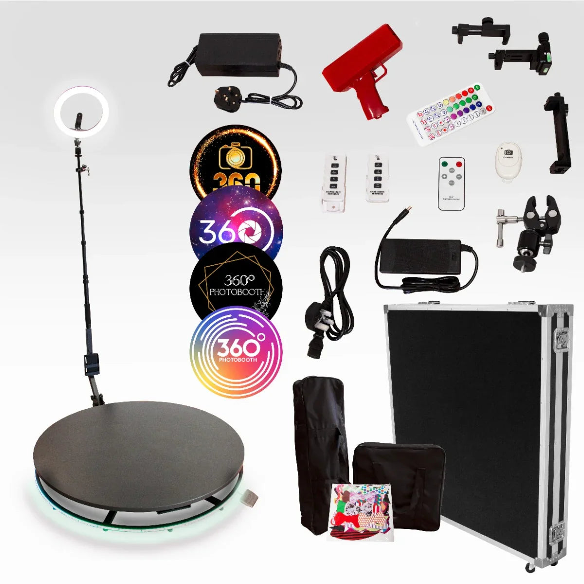 360 Photo Booth with 100cm rotating platform, ring light, remote controls, and accessories in a compact carrying case, ideal for events