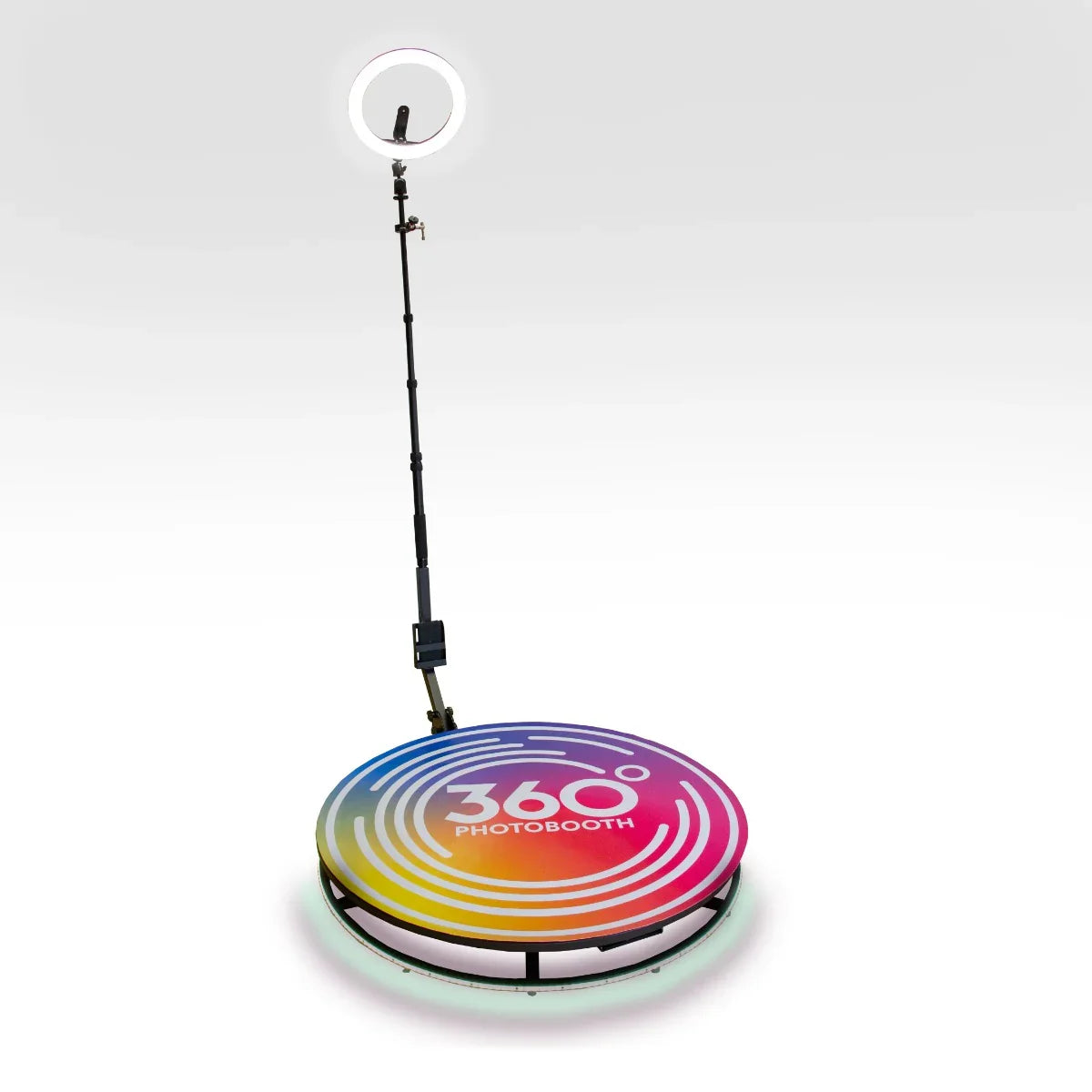 360 Photo Booth with a colorful circular platform, adjustable height, and a ring light for optimal photo lighting and angles