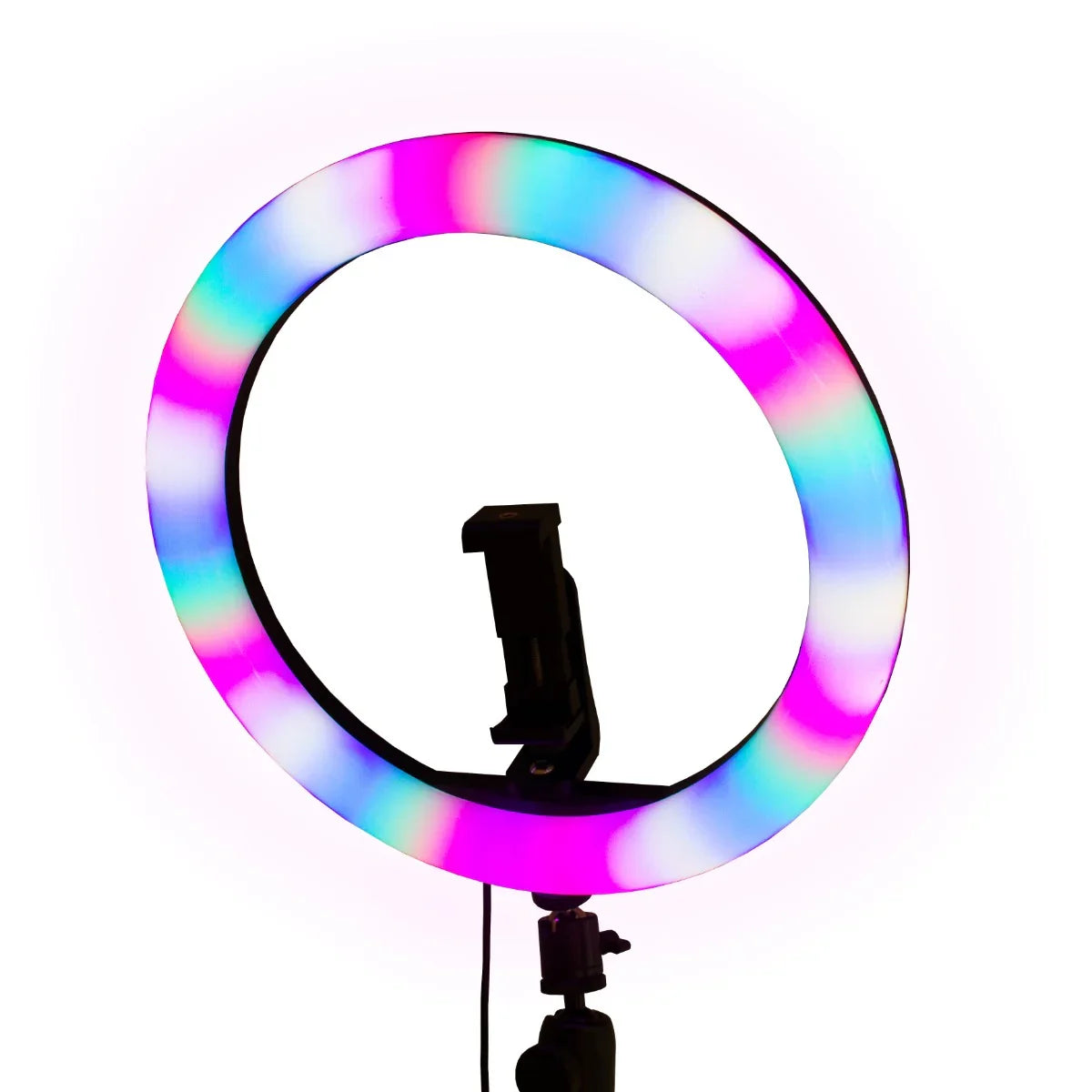 Colorful LED ring light with adjustable brightness, designed for 360 photo booth setups, featuring a sleek circular shape and sturdy mount