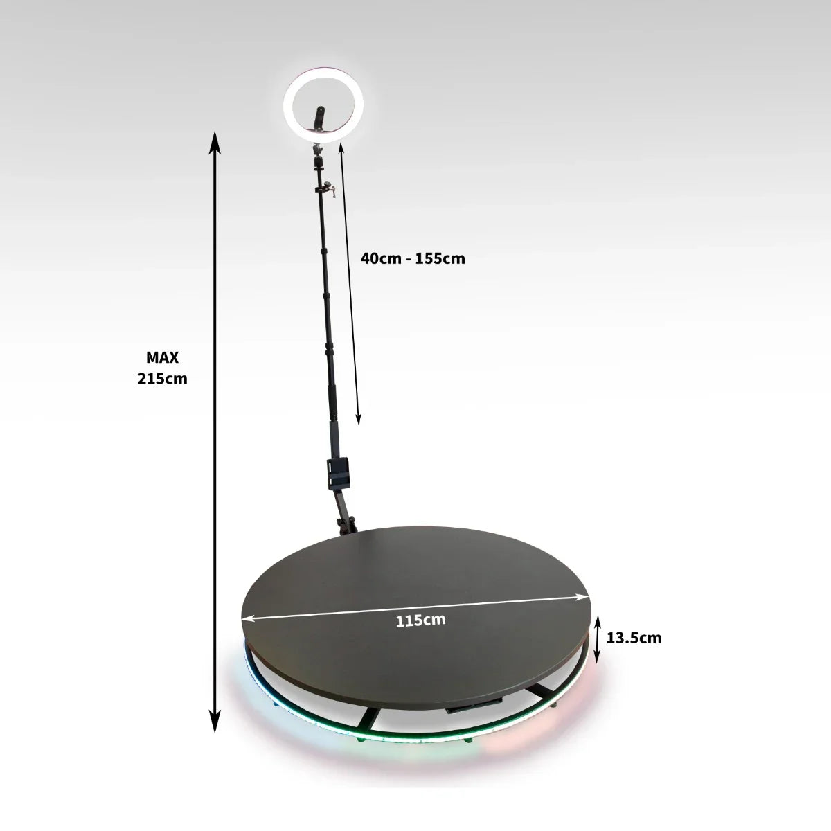 360 Photo Booth with a 115cm circular platform, adjustable height, colorful LED lights, and a ring light for optimal photography