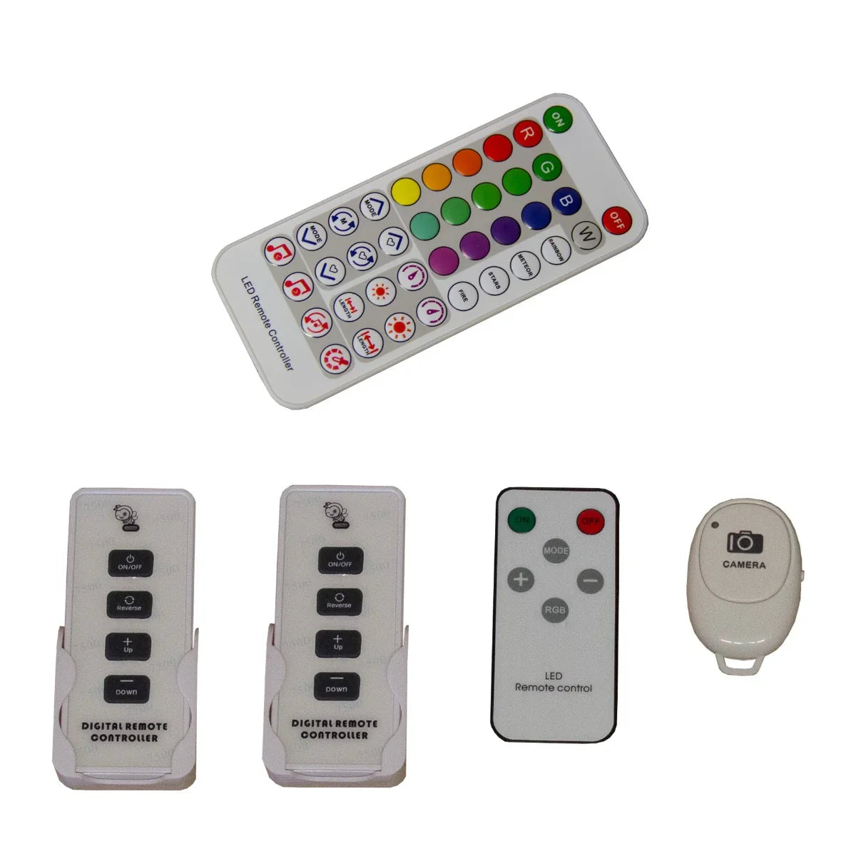 Remote controls for 360 Photo Booth, featuring buttons for LED settings, camera functions, and a sleek, modern design