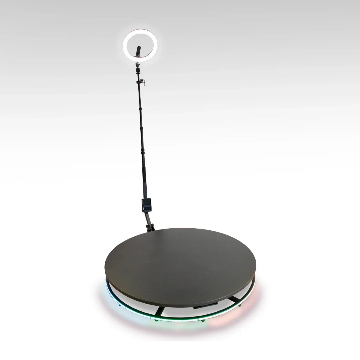 360 Photo Booth with a 115cm rotating platform, sleek black finish, adjustable ring light, and colorful LED base for vibrant displays