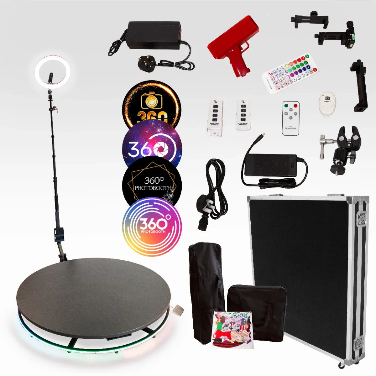 360 Photo Booth with 115cm rotating platform, LED lights, remote controls, and accessories for capturing dynamic 360-degree photos