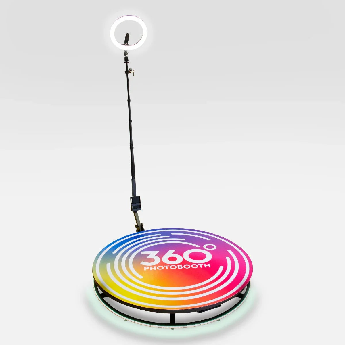360 Photo Booth with a vibrant gradient base, adjustable height, and ring light, perfect for capturing dynamic 360-degree photos
